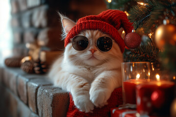 cat in christmas hat and with sunglasses