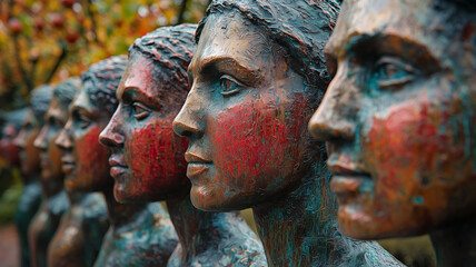 A row of expressive bronze sculptures featuring vibrant textured details, blending realism and artistic abstraction.