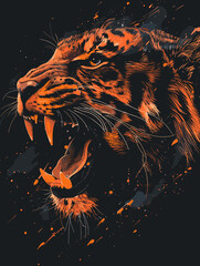 Fototapeta premium Tiger with its mouth open and teeth bared. The tiger is orange and black. The tiger is angry and ready to attack