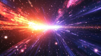 Obraz premium Futuristic energy burst conveying communication and innovation in a modern cityscape with vibrant light rays and cosmic elements