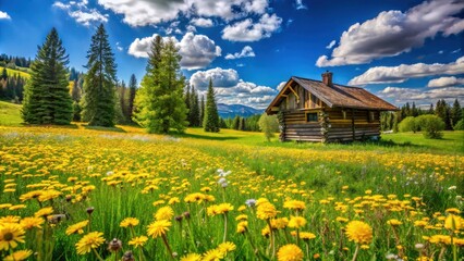 A rustic wooden cabin nestled amidst a vibrant field of blooming wildflowers under a clear blue sky with puffy white clouds.