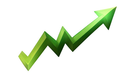 Green Arrow of Growth: A vibrant, 3D rendered green arrow ascends dynamically, symbolizing growth, progress, and positive momentum.  Perfect for illustrating success, financial gains.