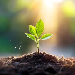 Young Green Seedling Growing in Soil with Sunlight Optimistically Shining