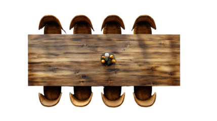 Rustic Elegance: A top-down view of a long, reclaimed wood dining table surrounded by six upholstered chairs, perfect for creating a cozy and inviting atmosphere in your home.  