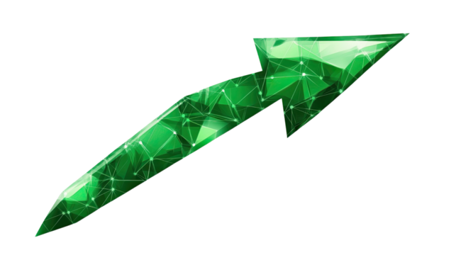 Emerald Growth Arrow:  A vibrant, upward-trending green arrow crafted from sparkling facets, symbolizing growth, progress, and success. Perfect for illustrating financial success, positive trends.
