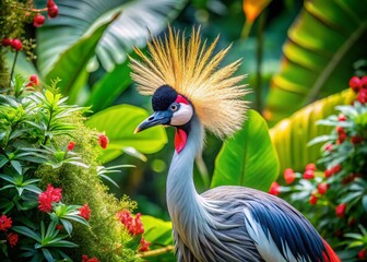 Fototapeta premium Elegant Fashion Photography Featuring a Crowned Crane Balearica Regulorum in a Vibrant Natural Setting, Showcasing Unique Textures and Colors of the Bird's Feathers