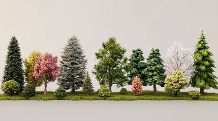 Obraz premium Diverse Collection of Realistic 3D Trees and Bushes in Various Shapes and Colors for Nature and Landscape Design Projects