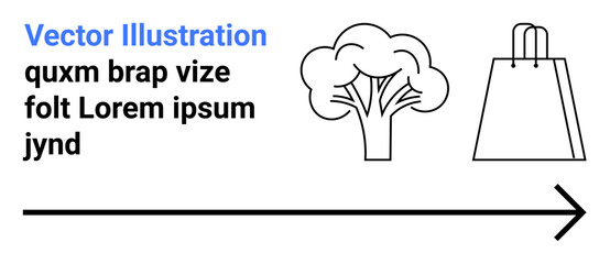 Tree, shopping bag, arrow with text discussing vector illustration and sustainability. Ideal for environmental awareness, eco-friendly shopping, sustainability, forestry conservation, consumer