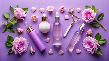 Elegant Flat Lay of Cosmetic Serum Dropper Bottles and Rose Quartz Facial Roller on Purple Background for Skincare and Wellness Themes