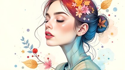 Fototapeta premium a woman with a flower in her hair is looking up.