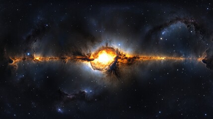 Naklejka premium Stunning panoramic view of sunrise over Earth with vibrant galaxy and star elements showcasing cosmic beauty from space