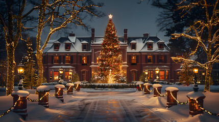 A Christmas tree glowing in the middle of a snowy courtyard, surrounded by illuminated holiday decorations
