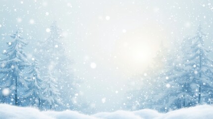 Frozen winter snow forest banner. Watercolor snowflakes poster. Snowy trees wallpaper background