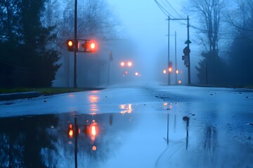 A of streetlights reflecting on a wet pavement on a foggy evening.