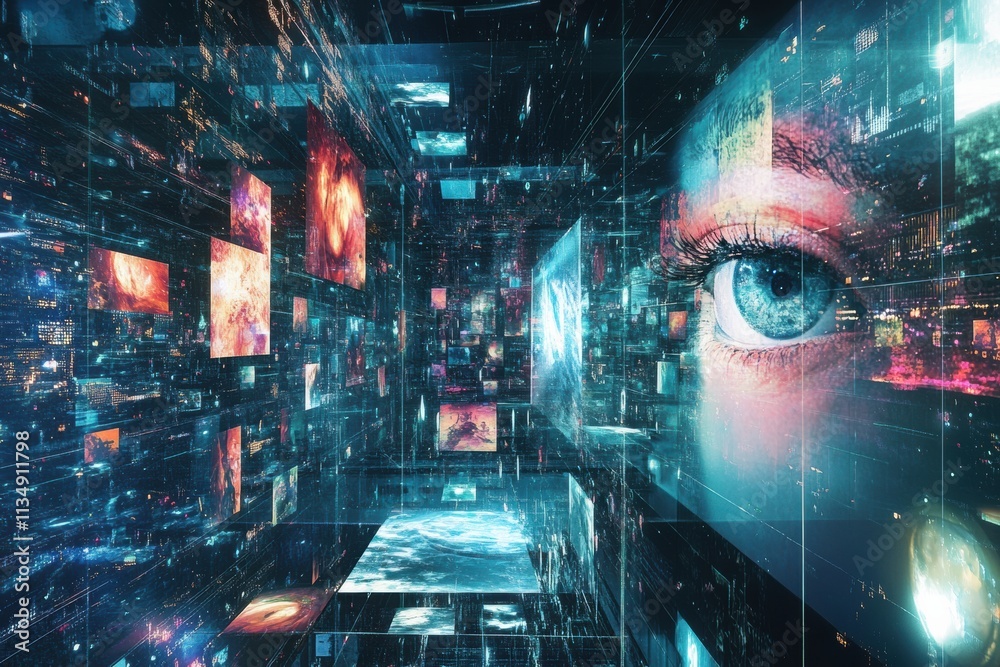 Poster experience a vibrant digital gallery filled with virtual artworks and interactive avatars showcasing