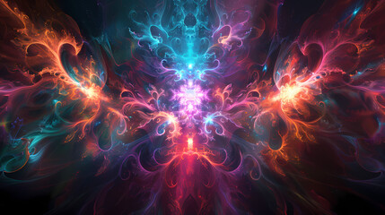 Cosmic Bloom: A mesmerizing fractal artwork depicting a vibrant, otherworldly bloom in hues of teal, pink, and orange.  Intricate swirling patterns and glowing energy create a sense of cosmic wonder.