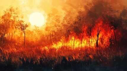 Vivid wildfire engulfing grass and trees under a dramatic orange sunset, showcasing intense flames and smoke in a forest setting, environmental crisis, nature, destruction.