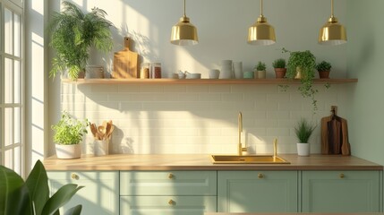 Sunny kitchen with green cabinets, wooden countertop, gold fixtures, and plants.