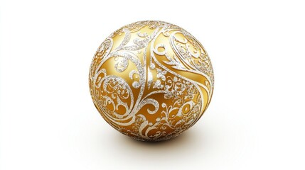 Stunning golden ornament with embossed patterns and silver glitter, isolated on a white background. Vector illustration of a shiny ball.