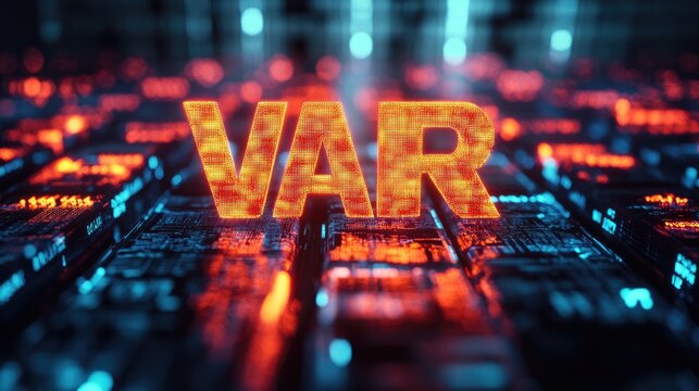 VAR acronym glowing on a digital circuit board representing Value Added Reseller and Value at Risk in a business technology context.