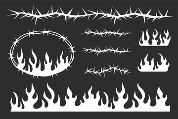 Neo tribal pink emo borders, barb wire and flame y2k aesthetic tattoo gothic, fire abstract silhouette isolated on background. Divider, border, cyber body ornament, neotribal web goth decoration