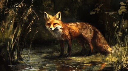 Realistic depiction of a red fox standing in a lush natural environment, surrounded by tall grass and soft light filtering through trees, wildlife, nature, animal portrait.
