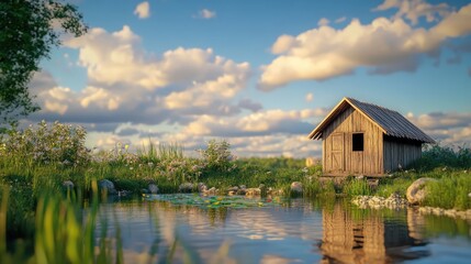 Obraz premium Serene countryside scene featuring a rustic chicken house beside a tranquil fish pond under a picturesque sky with fluffy clouds