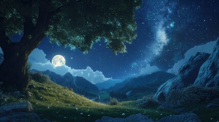 a tranquil valley illuminated by a star-filled night sky, with the Milky Way arching overhead and soft moonlight touching the land. 