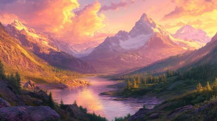 Mountain valley at golden hour with majestic peaks and a crystal clear river reflecting pastel colors in a breathtaking panorama