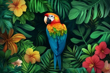 Fototapeta premium Vibrant scarlet macaw parrot is surrounded by lush tropical flowers and foliage, creating a colorful and exotic scene