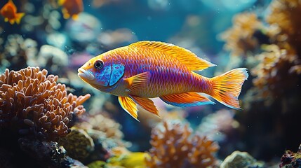 Obraz premium Vibrant Parrotfish Grazing on Colorful Coral Reef in Underwater Marine Scene