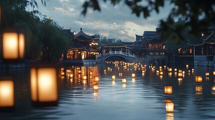 A serene image of lanterns floating on a river, with a historic bridge and traditional buildings in the background 