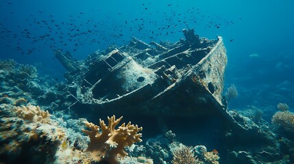 Sunken Shipwreck Surrounded by Fish and Coral in Clear Blue Water