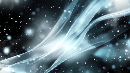 Fototapeta premium Fluid abstract background featuring ethereal light blue waves against a black and white backdrop with sparkling elements.