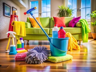 Elegant Home Cleaning Design Template Layout Featuring Modern Tools, Bright Colors, and Organized Spaces for Effective Home Maintenance Solutions