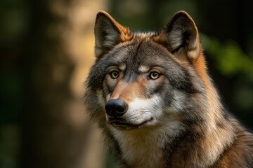 Fototapeta premium Eurasian wolf exuding dominance with an intense gaze, blending seamlessly into the forest environment, showcasing its wild power and strength