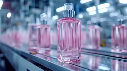 Modern production line with pink fragrance bottles being assembled in a factory