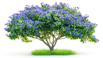 Obraz premium Duranta repens Gold tropical shrub with vibrant lilac blue flowers isolated on white background showcasing its dense golden foliage and green base.