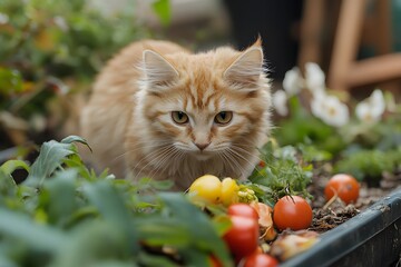 A fluffy kitten is curiously exploring a vegetable garden.