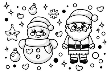 Outline Christmas kawaii cute santa claus and snowman. Vector outline illustration for printable children's and adults coloring page or coloring book