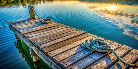 A weathered wooden dock extends over calm blue water, sunlight reflecting on the surface and casting long shadows on the planks, a coiled rope resting at the end.