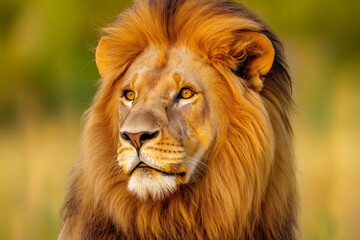 Obraz premium Close up portrait of a majestic male lion with a thick mane illuminated by soft sunlight, showcasing its regal presence in natural habitat