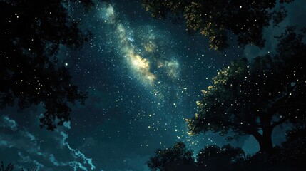 Fototapeta premium Majestic Milky Way Galaxy Illuminating the Night Sky Surrounded by Silhouette of Trees