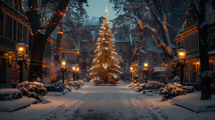 A Christmas tree glowing in the middle of a snowy courtyard, surrounded by illuminated holiday decorations