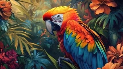 Fototapeta premium Vibrant parrot perched amidst colorful flowers in a lush tropical garden setting