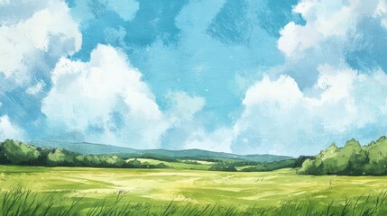 Obraz premium Vibrant green field under a bright blue sky with fluffy clouds in a serene landscape illustration