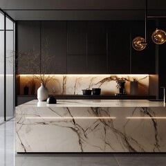 Elegant Minimalist Marble Kitchen With Sleek Contemporary Lighting Design