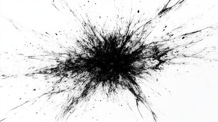 Black ink splatter texture creating a dynamic explosion on a white background for abstract design and artistic applications