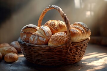 A close-up of a wicker basket filled with fresh bread rolls, loaves, and buns, perfect for a healthy breakfast or snack, showcasing a variety of baked goods