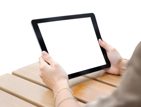 Person Holding Blank Tablet with White Screen Isolated Against a transparent Background